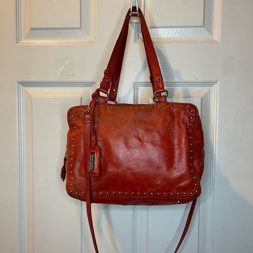 Badgley Mischka leather Orange Cube Satchel/shoulder bag gold tone studs accent